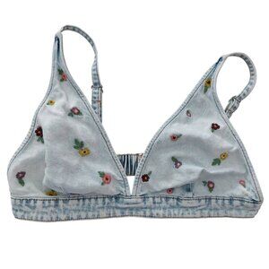 Denim Bikini Top Size L Blue Floral Embroidery Light Wash Cotton Adjustable EUC